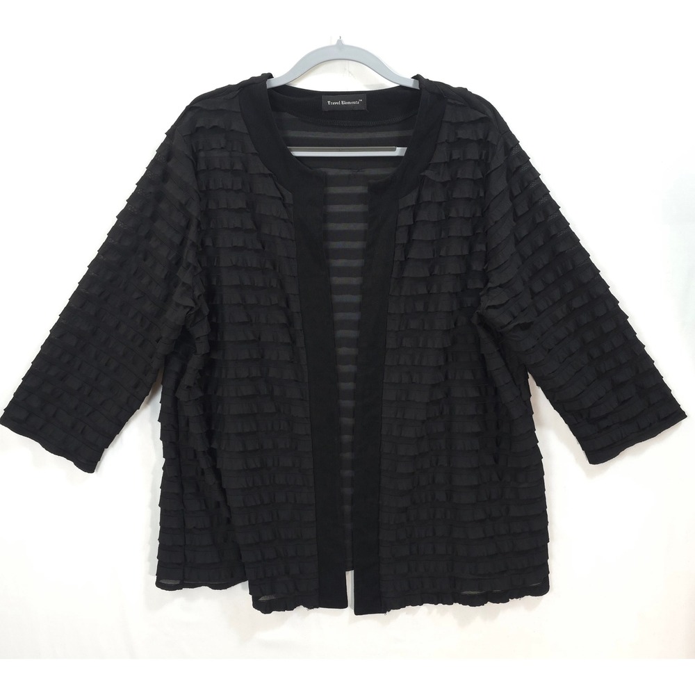 Travel Elements Cardigan Women 1X Ruffle Tiered Open Front Black Elegant Chic